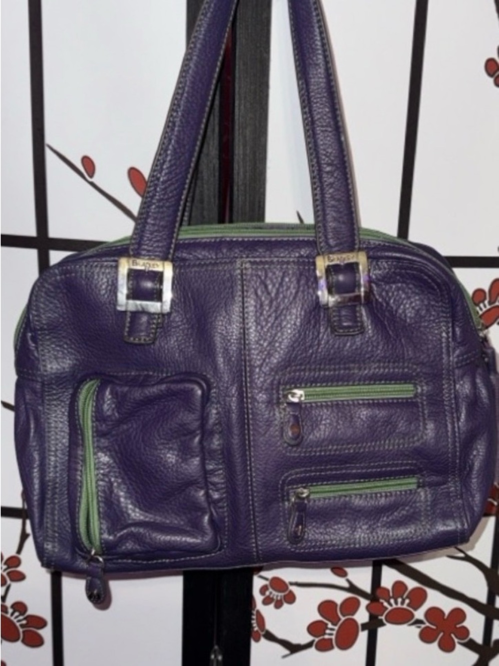BRADLEY Purple Leather Shoulder Bag with Green Trim